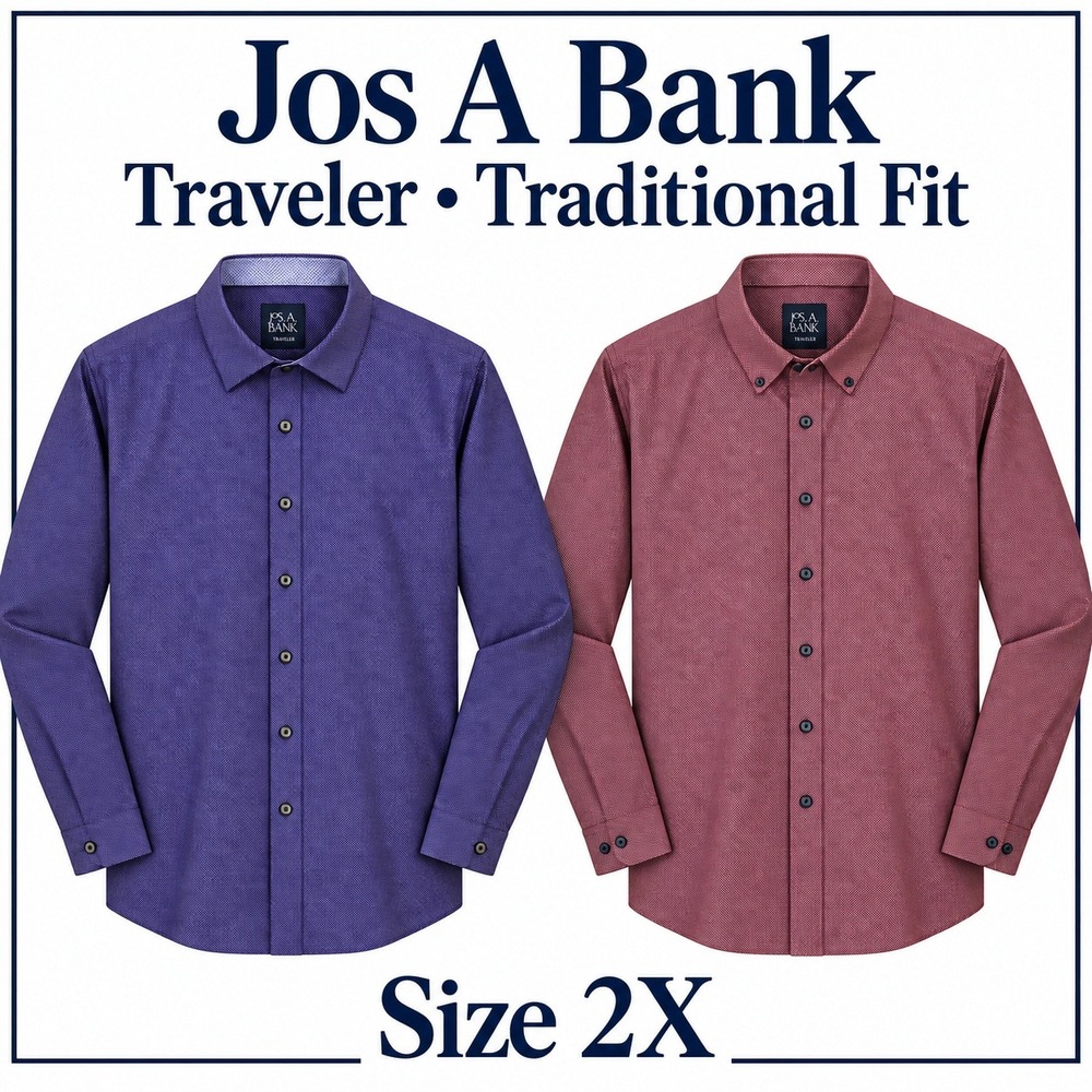 Jos A Bank Traveler Shirt Mens 2XL Purple Burgundy Traditional Fit Stretch Lot 2